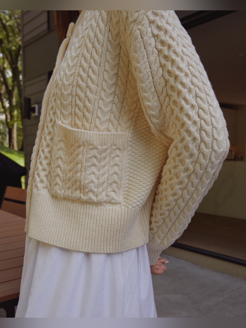 Few Moda Caara “Julianna” Cream Cable-Knit Button Cotton Cardigan Sweater - Picture 3 of 9